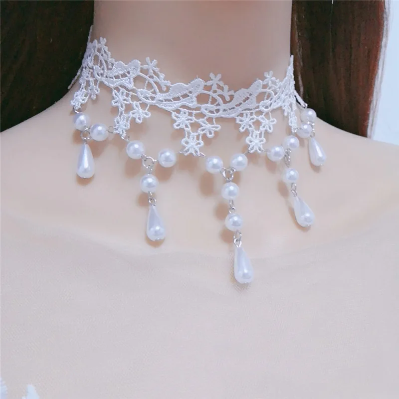 White Lace Flowers Droplet Pears Tassels Choker Necklace for Women Fashion Clavicle Jewelry Accessory for Girls