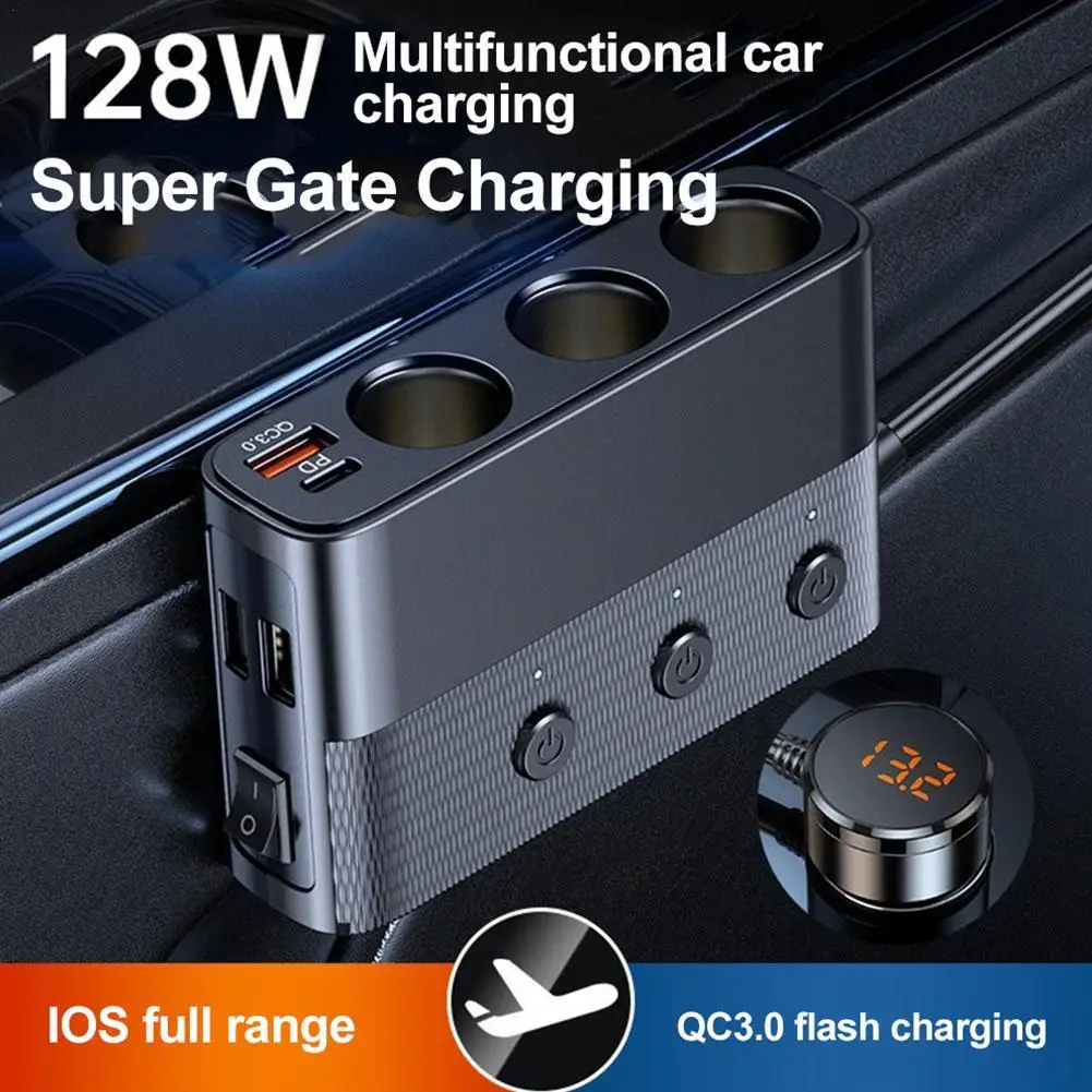 128W Car Charger 12V 24V 3 Socket Cigarette Lighter Splitter Dual USB PD Car Power Conversion Plug Fast Charge Adapter For Phone