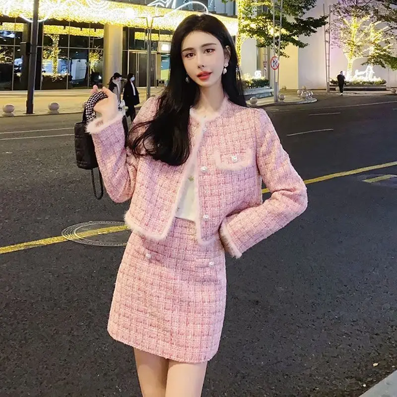 Winter Korean Fashion Women's Two Pieces Set Pink French Elegant Retro Office Lady Slimming Tweed Suit Set Blazer and Skirt Set - Image 5