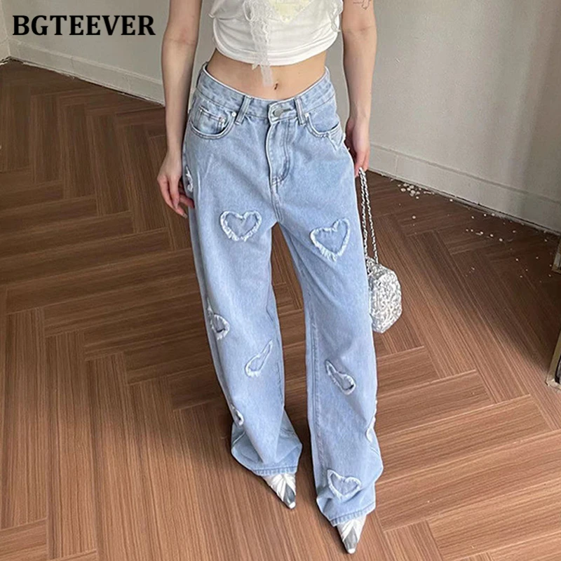 Bgteever-calças jeans longas soltas para mulheres, cintura alta, com bolsos, verão