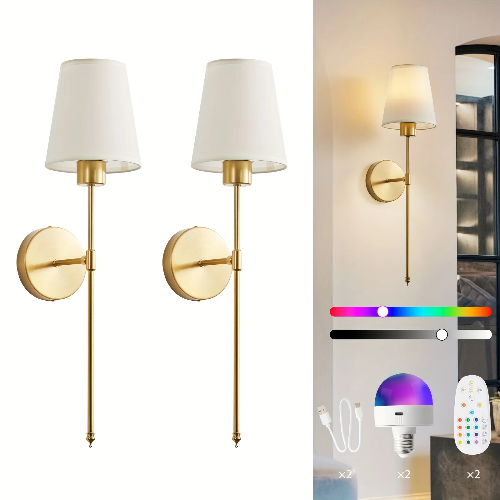 

RGB Rechargeable Wall Light 2pcs Set - Wireless LED Wall Light with Remote Control, 15-color Adjustable Light Bulbs, Suitable for Use In Bedrooms, Living Rooms, Kitchens, Closet Areas, And Corridors, Among Other Spaces