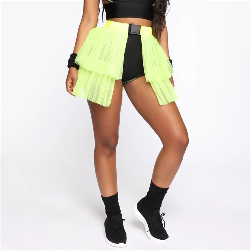 Mesh Pleated Patchwork Mini Skirt Women Solid Buckle Strap Bubble Skirt Fashion Night Party Clothes See Through Skirt For Lady