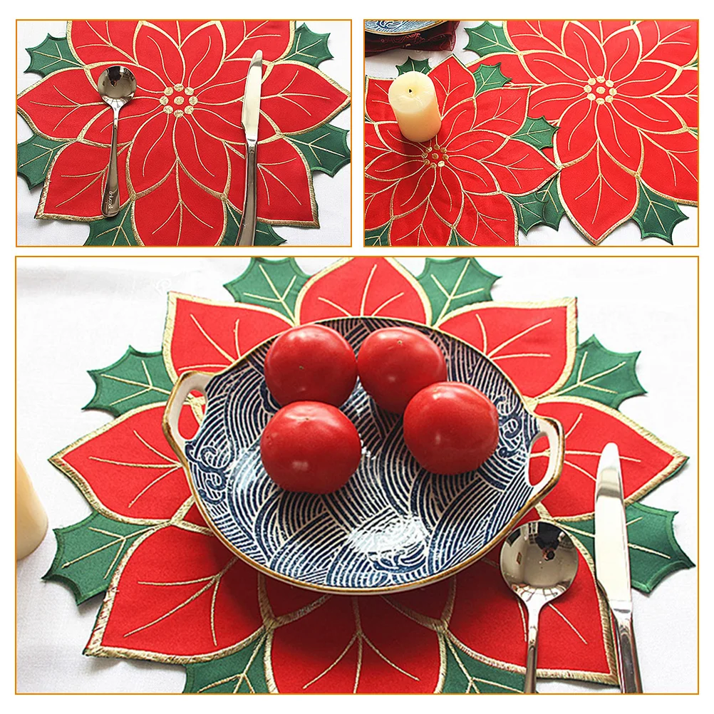

4Pcs Christmas Embroidered Placemat Poinsettia Table Plate Mats Decorative Heat Resistant Holiday Dining Reusable Mats