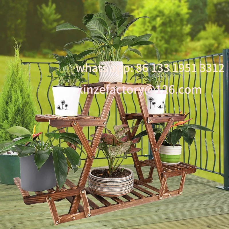 

Customizable 6-layer wooden plant stand, indoor and outdoor, carbonized triangle corner plant stand