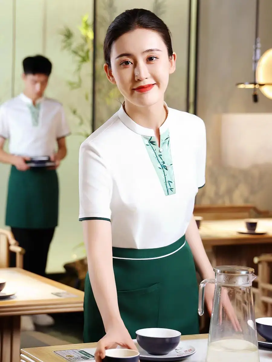 レストラン、ウェイターの作業服、半袖、ホテルのホットポット、teahouseレセプション、送料無料のオリエンタルユニフォーム