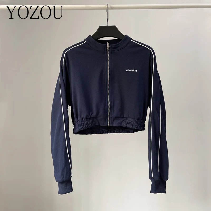 

[YOZOU] Spring Zip Up Cropped Short Jacket Women Blue White Black Dongdaemun Korea Tops Sweatshirt Outdoor Baseball Coat Girls