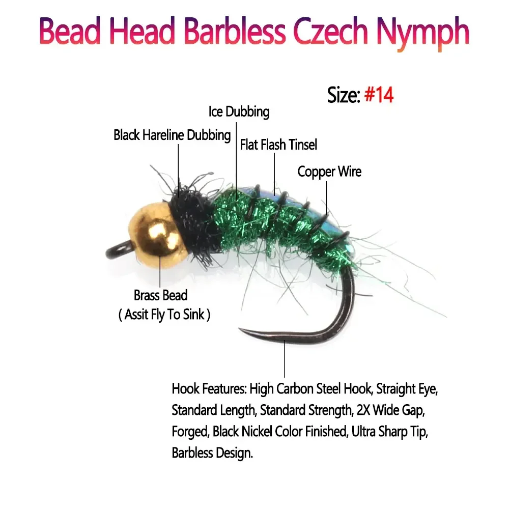 Bimoo 8PCS #14 Brass Bead Head Barbless Czech Nymph Flash Back Caddis Nymph Pupa Wet Fly For Trout Grayling Fishing Lures