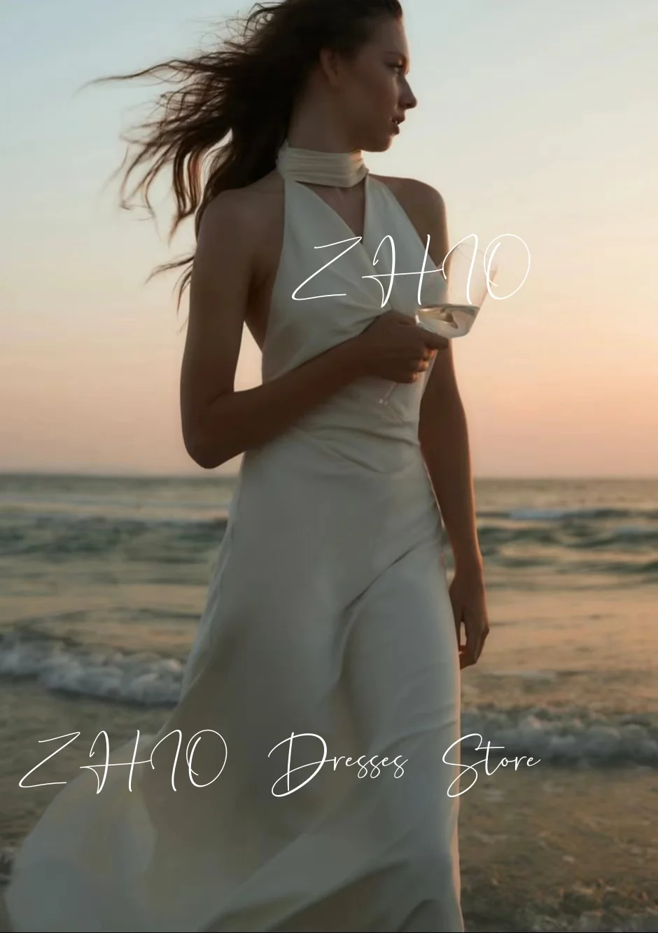ZHIO elegante vestido de noche con espalda descubierta y perlas Halter sin mangas satén marfil ocasión especial fiesta de cumpleaños vestido de playa personalizado