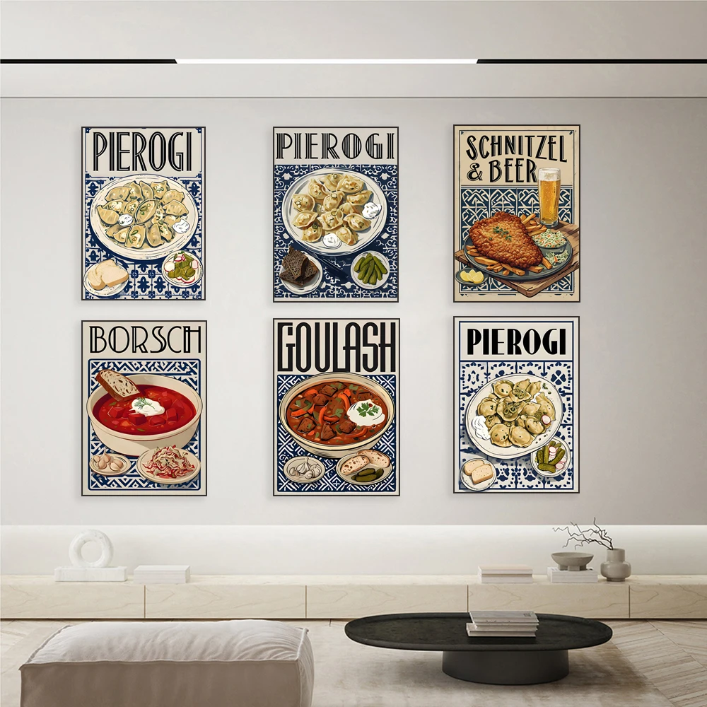 جولاش المجرية، بورشيت أوكراني، ألماني، شنيتزل وبيرة، بيروجي زلابية لذيذة ملصق جدار ديكور فني للمطبخ #3