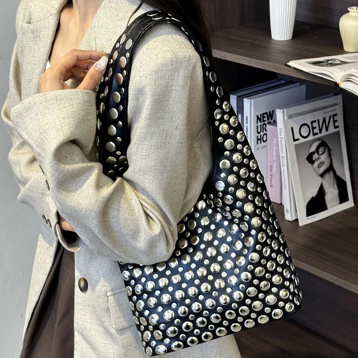 

2025 Spring Polka Dot Studded Bucket Bag, Edgy Top Handle Purse for Women, Chic Underarm Crossbody, Minimalist Day to Night Tote
