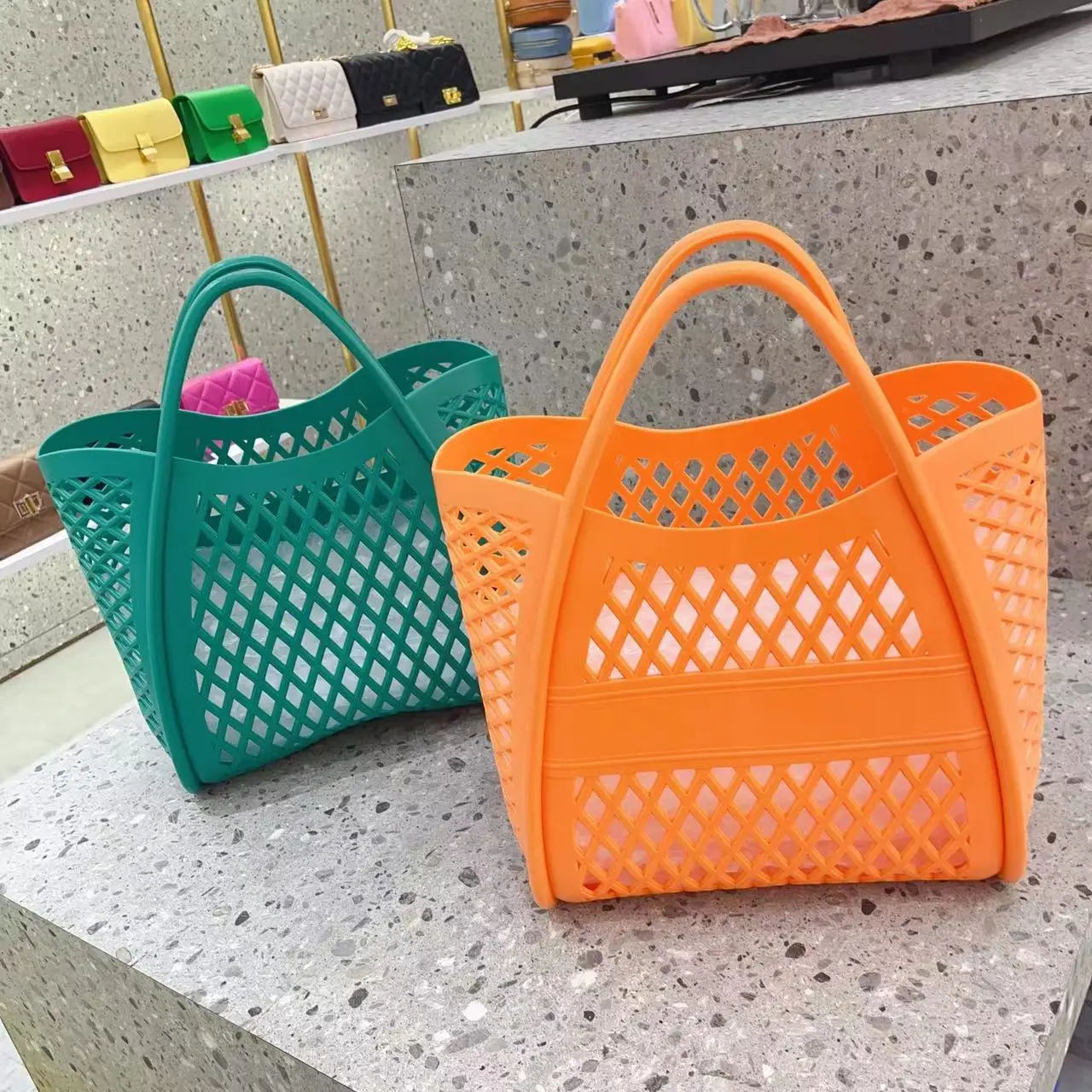 Jelly Handbag Silicone scavato cestino di verdure borsa da Picnic cestino della spesa borsa da spiaggia in PVC cesto portaoggetti per il lavaggio e