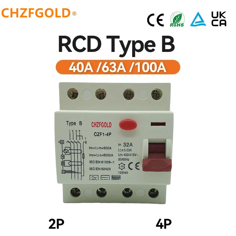 

CHZFGOLD A Type BTYPE RCD RCCB 30MA 2-pole 10kA 3P+N 4P 40A DC 230V EKL6-100H Electromechanical Residual Current Circuit Breaker