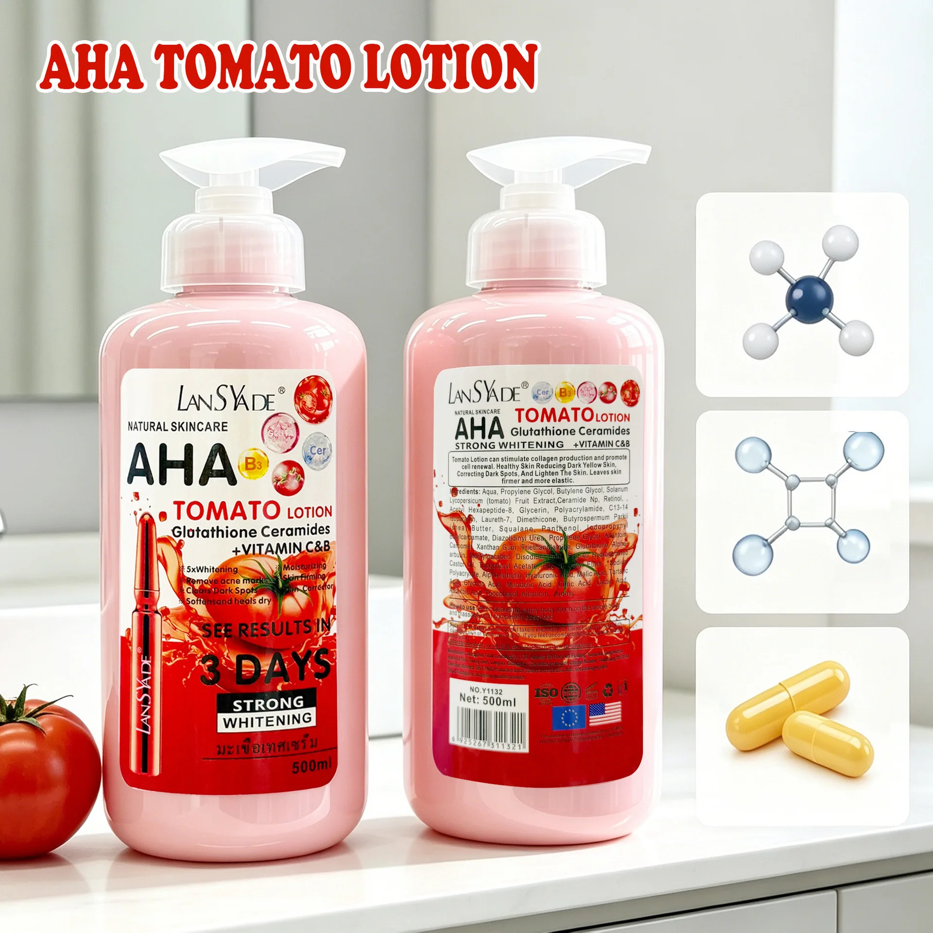 AHA Tomato Body Lotion 500ml Contains Glutathione Niacinamide Brightening Moisturizing Moisturizing Removing Chicken Skin