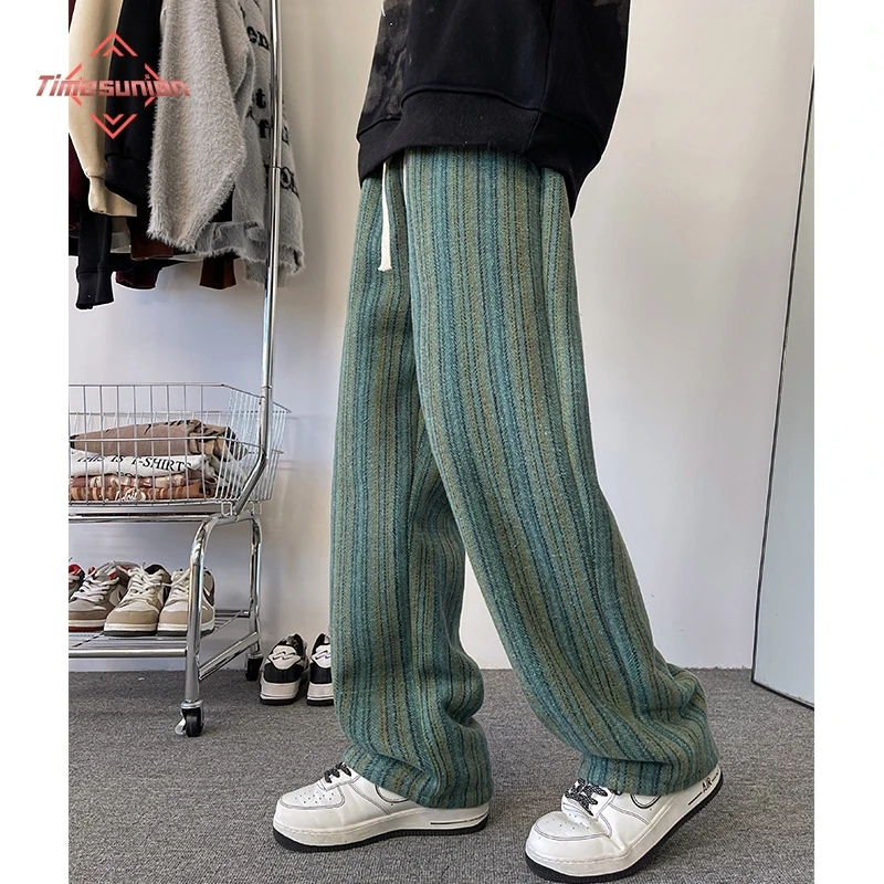 

High Quality Stripe Plaid Men's Trousers Baggy Straight Fashion Classic Padded Autumn Winter Casual Pants Male Plus Size M-8XL