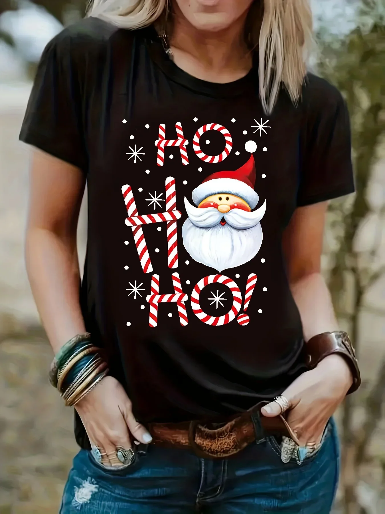 Christmas Santa Claus Print Women T-shirt Merry Christmas Casual Short Sleeve Crew Neck Top Women's Clothing