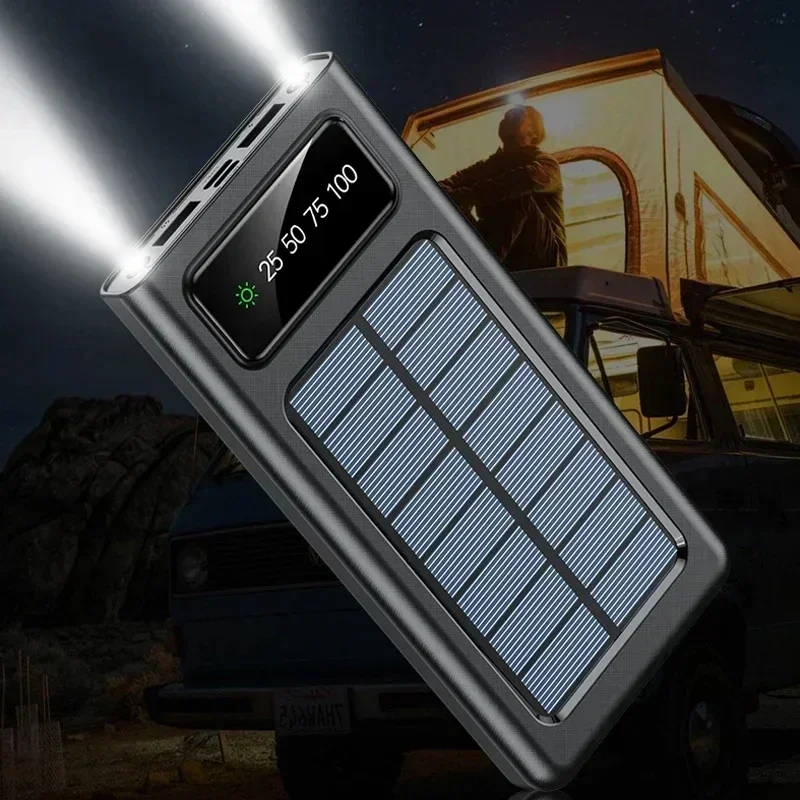 500000mAh Solar Power Bank Built Cables Solar Charger 2 USB Ports External with LED Light Super Fast Charger Powerbank