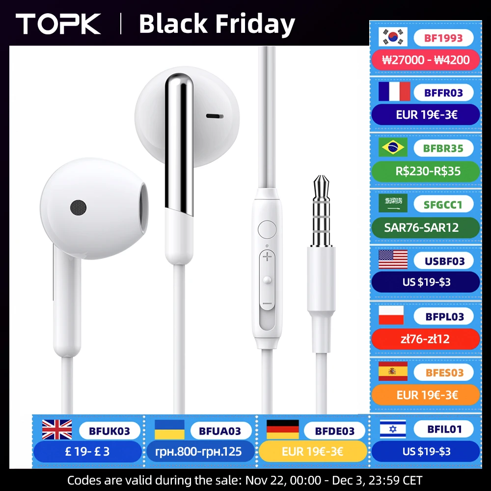 TOPK Earphone In-Ear Volume Control with Microphone 3.5mm Jack Universal for iPhone Android