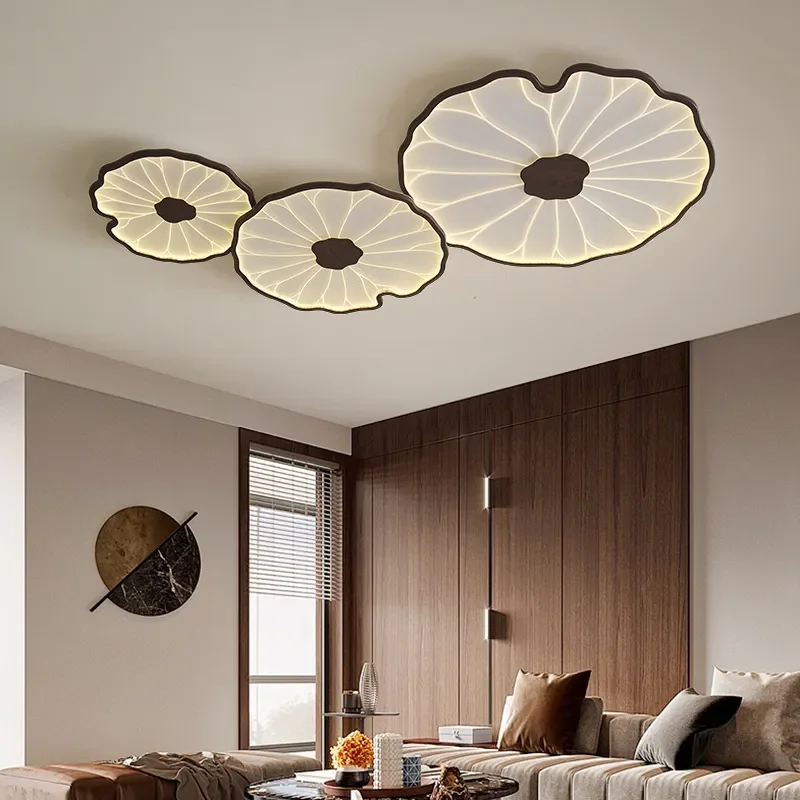 Chinese Lotus Leaves Ceiling Lamps Creative Solid Wood Light Fixture Living Room Decoration Bedroom LED Personality Lighting
