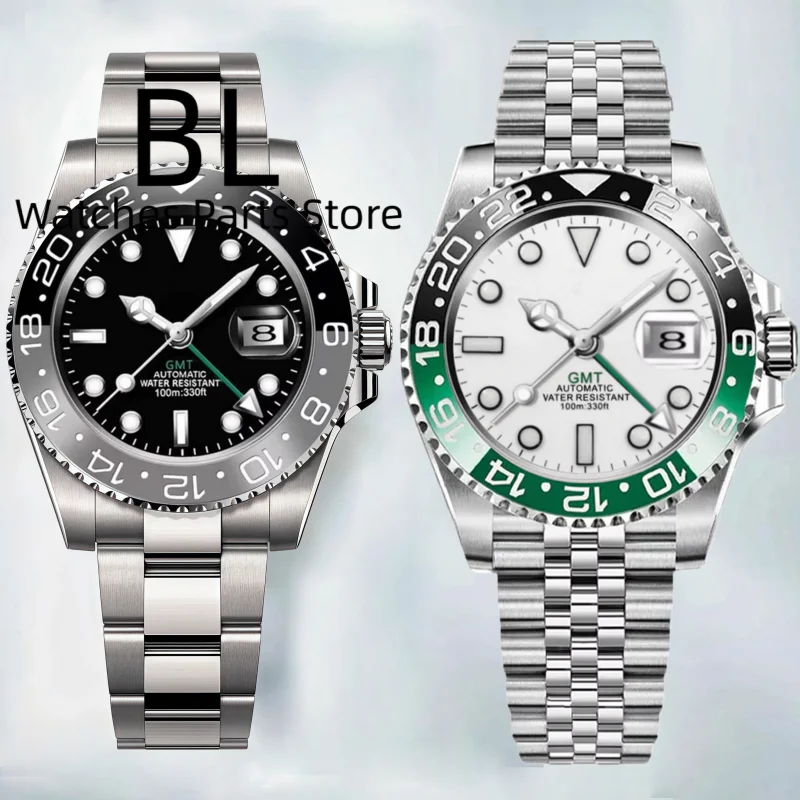 

BLIGER Black White Dial Green GMT Watch For Men Black Gray GreenBezel Green Luminous Sapphire Glass Waterproof Reloj Hombre Date
