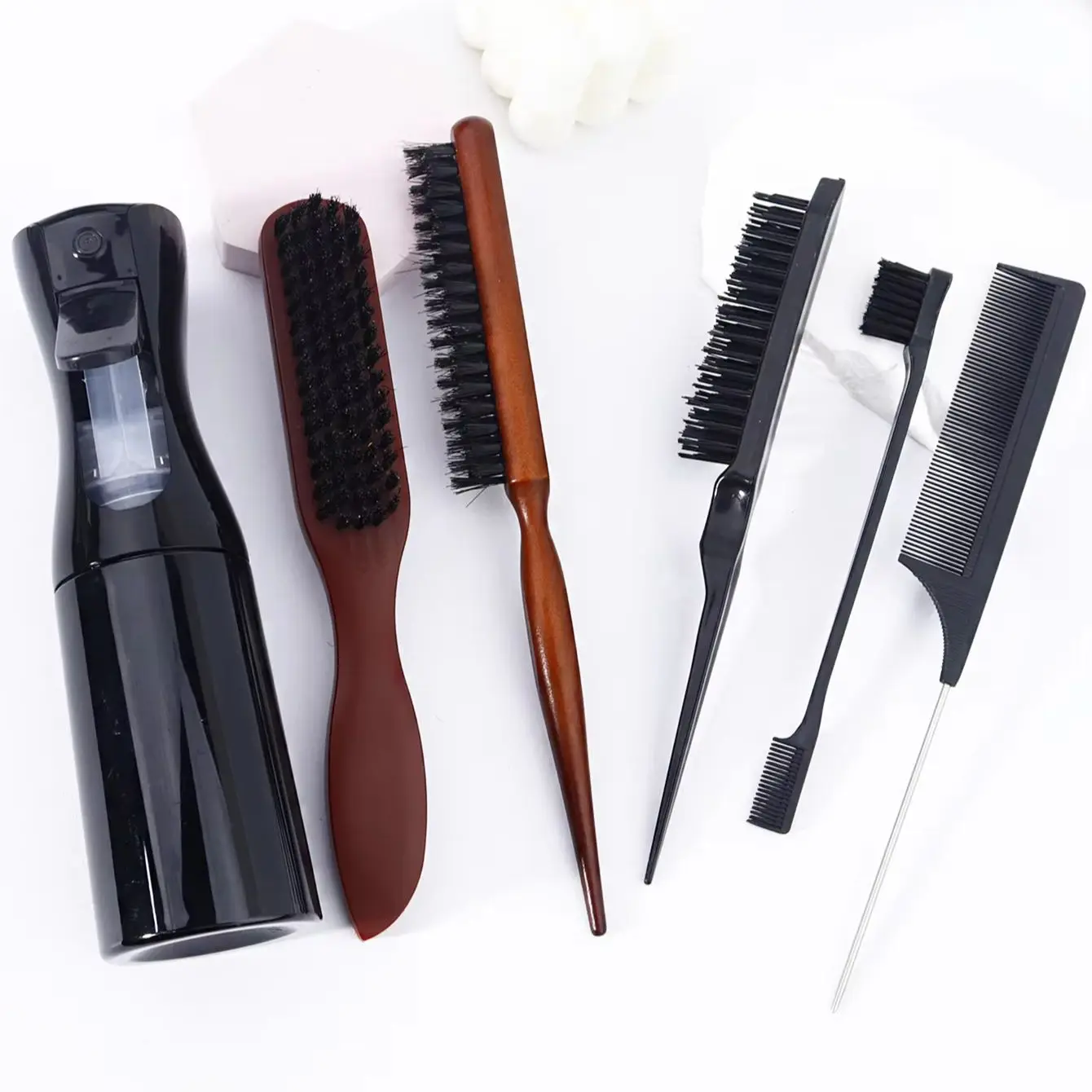 مجموعة أدوات صالون مكونة من 6 قطع، مع زجاجة رذاذ، فرشاة إغاظة عالية الجودة، مشط ذيل، فرشاة تحكم في الحواف خاصة بشعر مستعار حقيقي