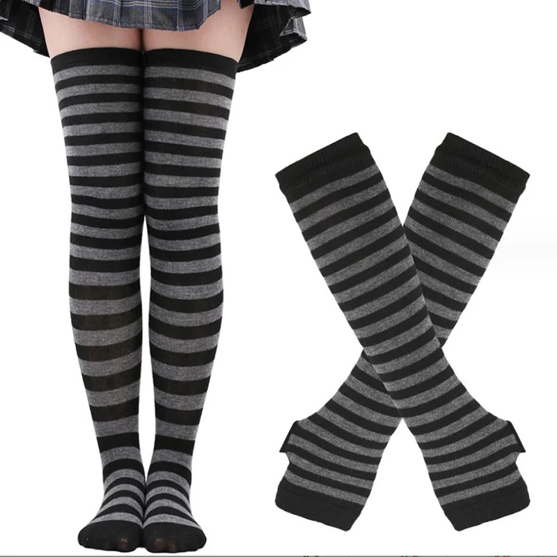 

1 Set Women Girls Over Knee Long Stripe Thigh High Cotton Gothic Lolita Socks Arm Sleeve Gloves Sweet Cute Black Overknee Socks