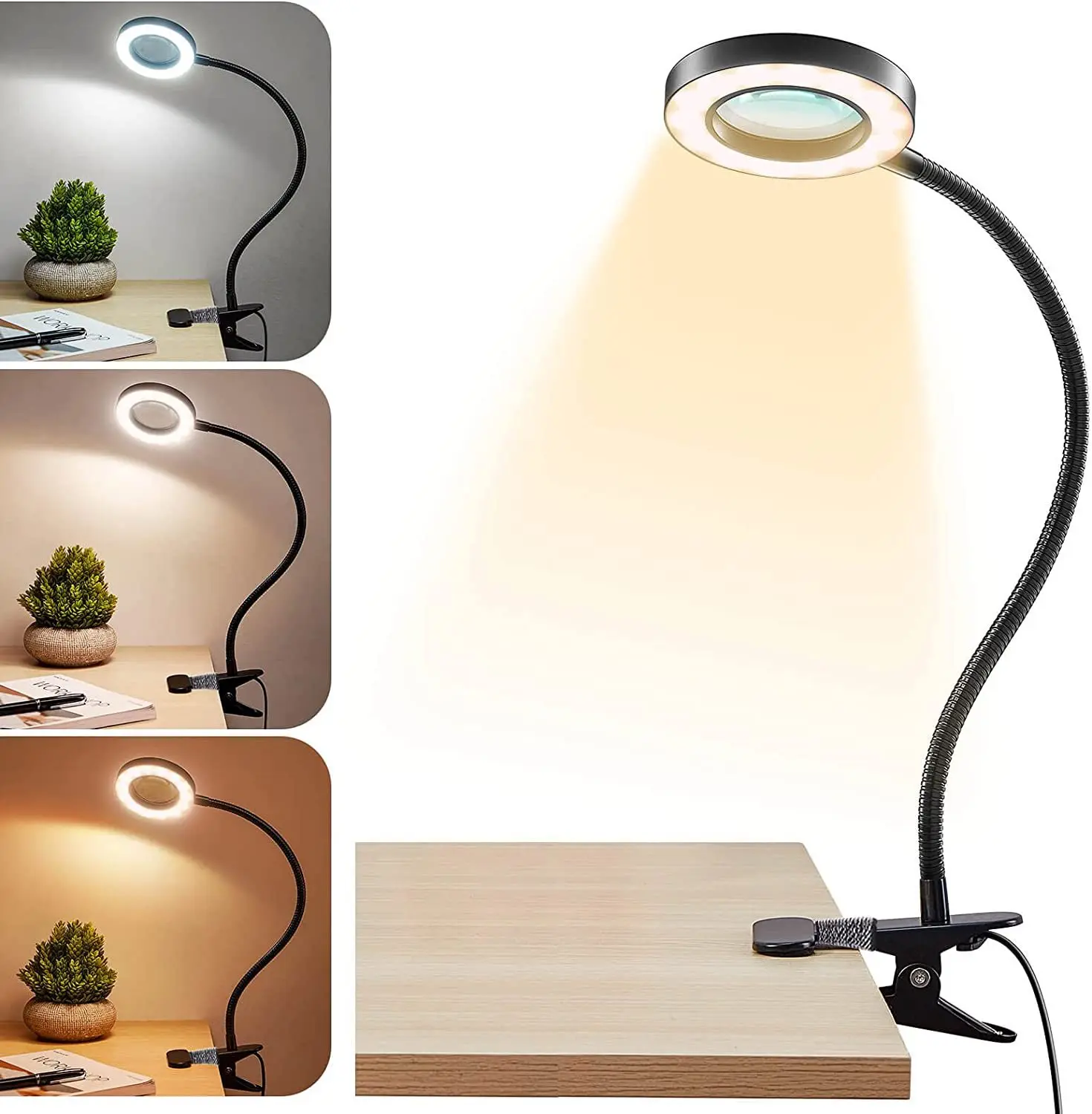 10-fache Vergrößerungslupe mit Schreibtischlampe, Beleuchtete Lupe mit 3 Farbmodi, LED-Vergrößerungsglas zum Lesen, Basteln, Nageldesign und Feinarbeiten – Detail 2