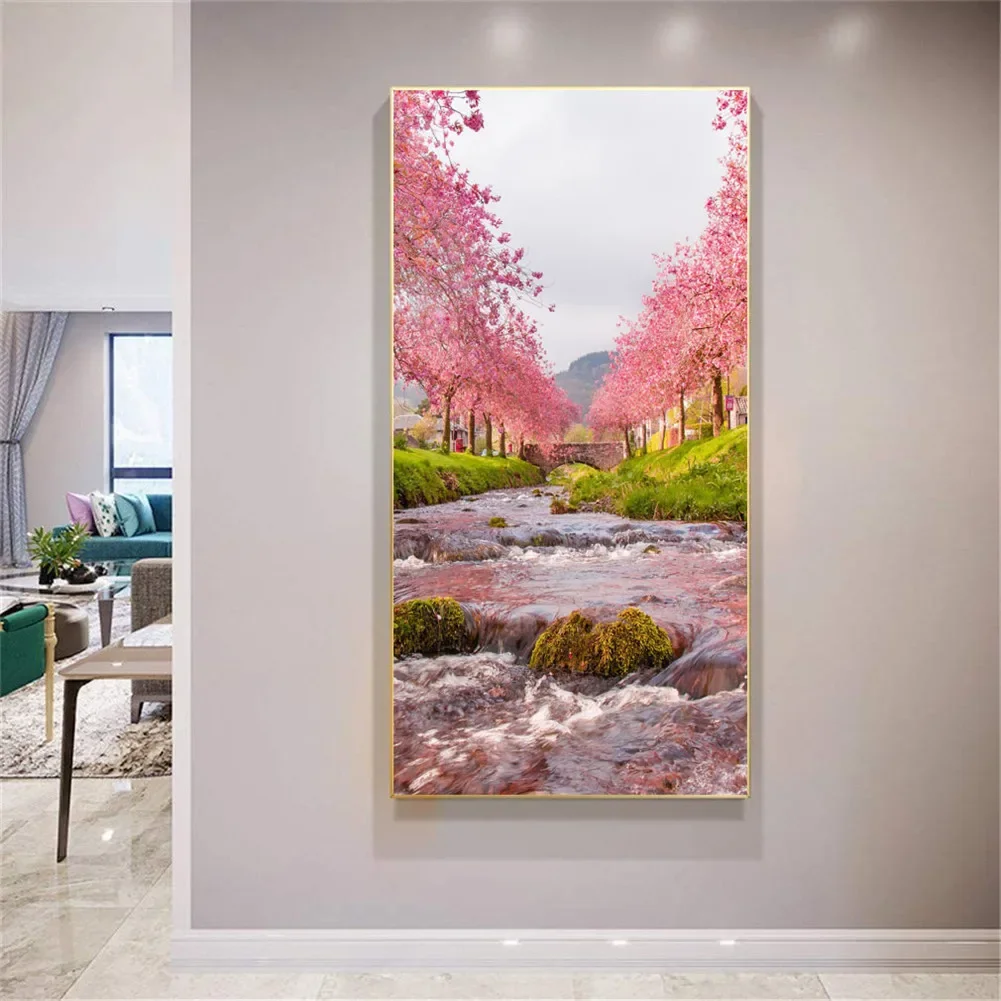 

DIY full Diamond Embroidery,Round Diamond Cherry Blossom Creek Landscape Tree Living room decoration rhinestone Diamond painting