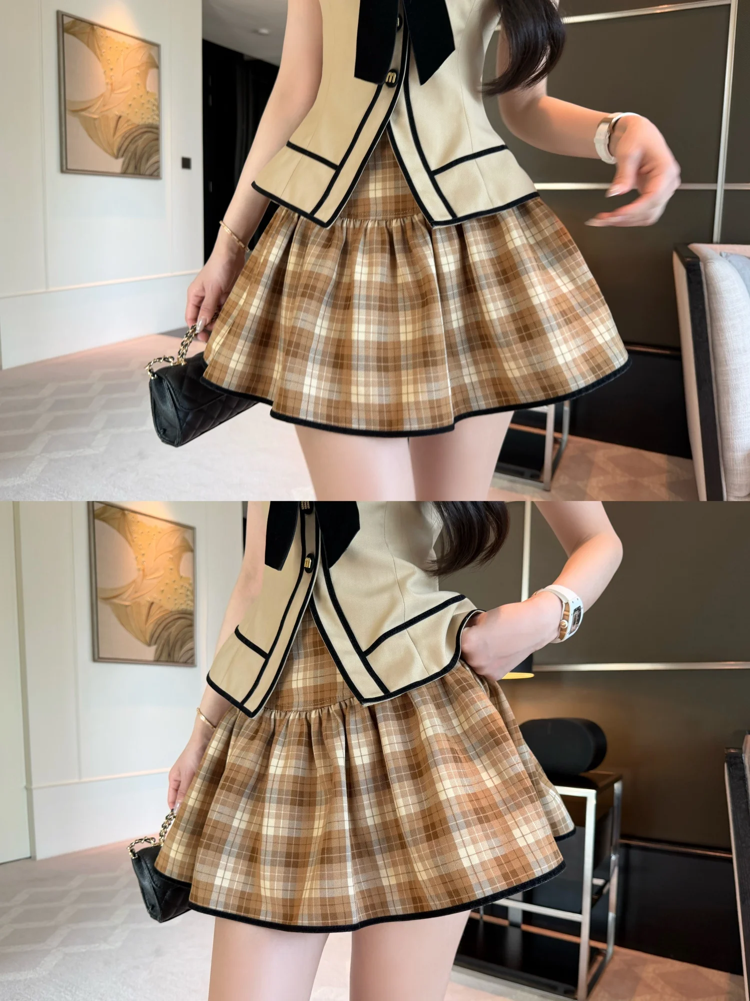 

Caramel Grid Pattern High Waist Puffy Short Skirt in Coffee Color College Style Slim A-Line Half-length Skirt for Women