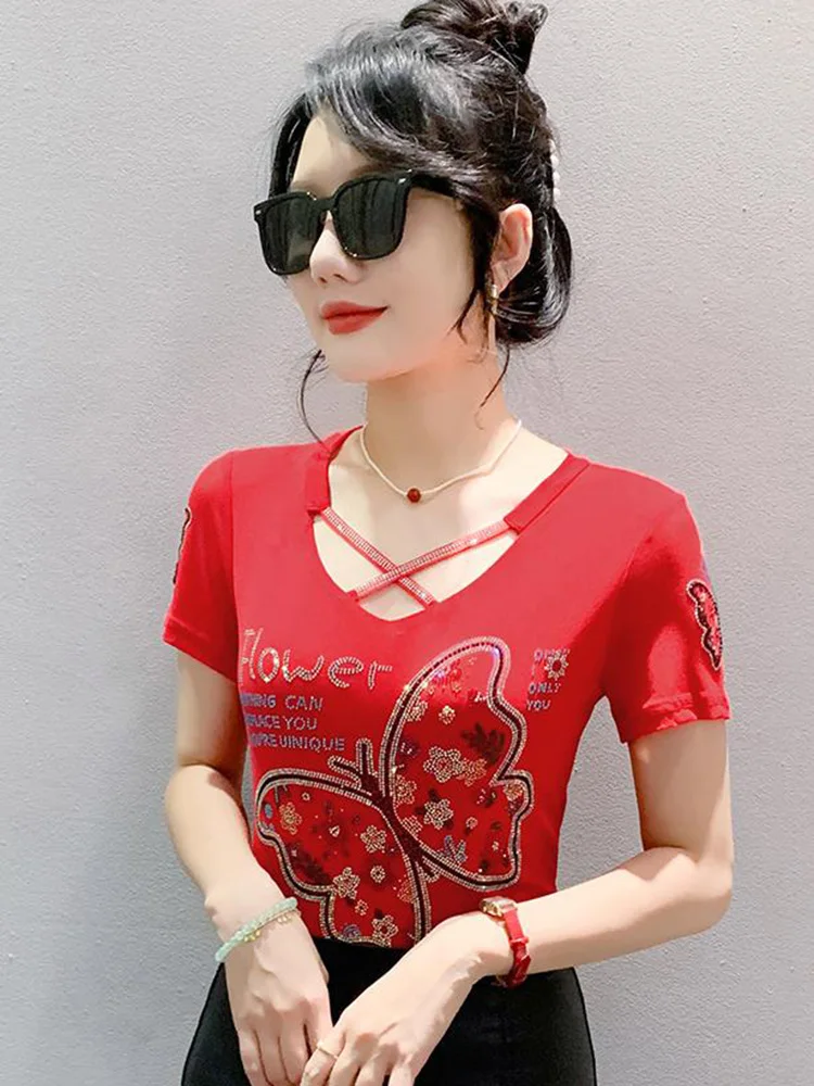 New Summer Short Sleeved V-Neck Women\'s T-Shirt Elegant Slim Hot Diamond Mesh Tees Tops M-3XL Clothes