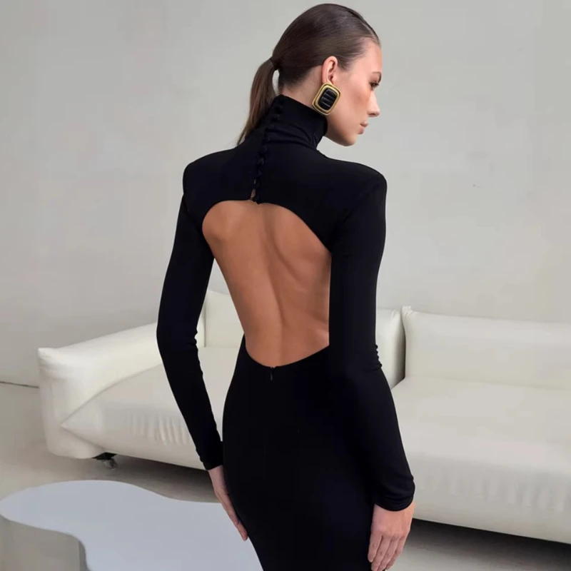 

TARUXY Elegant Sexy Backless Slim Dress Women's Spring New Long-Sleeved Turtleneck Solid Slit Banquet Dress Fashion Female Dress