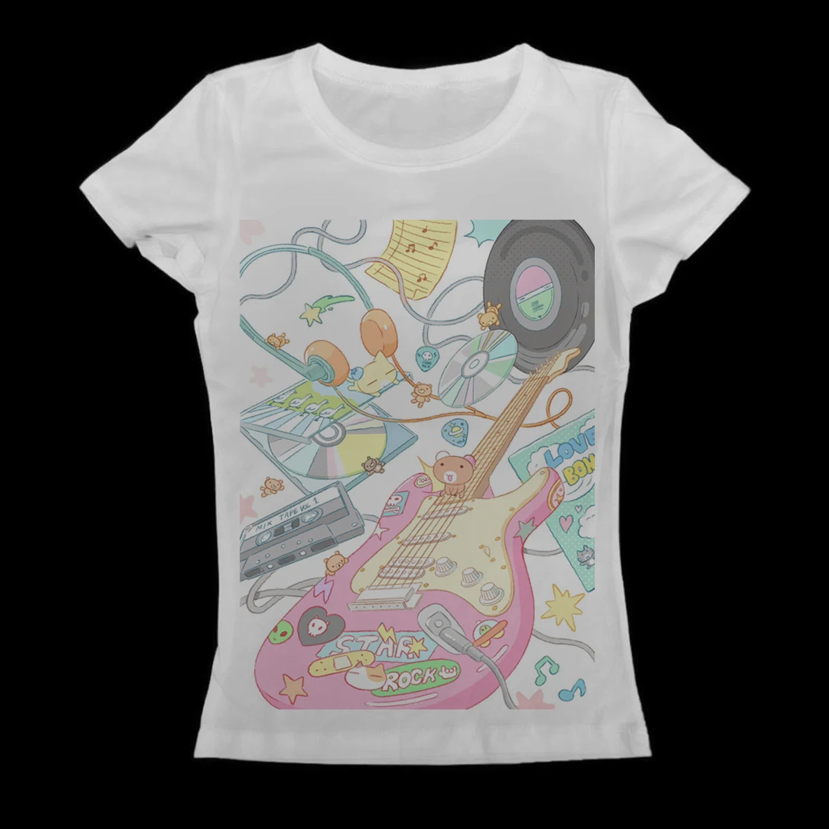White Slim Fit T Shirt Women Cute Pastel Cartoon Guitar Vinyl Print Short Sleeve Kawaii Egirl Y2K Music Harajuku Streetwear Tee