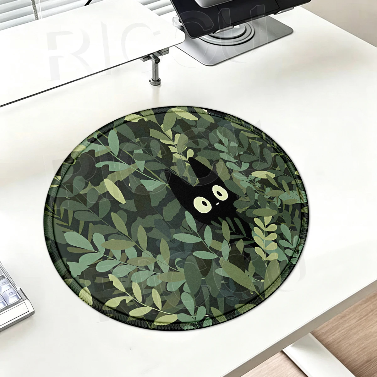 Ronde muismat Leuke zwarte kat bureaumat Groene plant rubberen muismat Esthetisch bureauaccessoire voor kantoorlaptop Computertafelmat