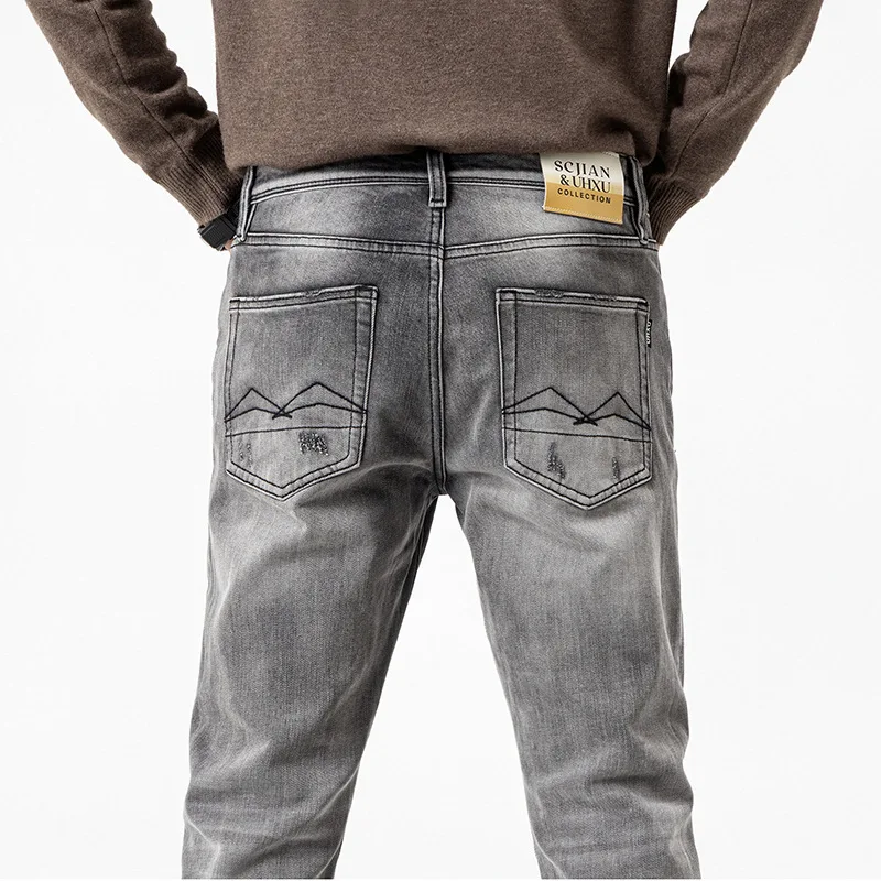 

Дымчато-серые джинсы, мужские, осенний стиль 2021, тяжелые, высококачественные, ностальгические, стираные, эластичные, маленькие прямые брюки в стиле ретро