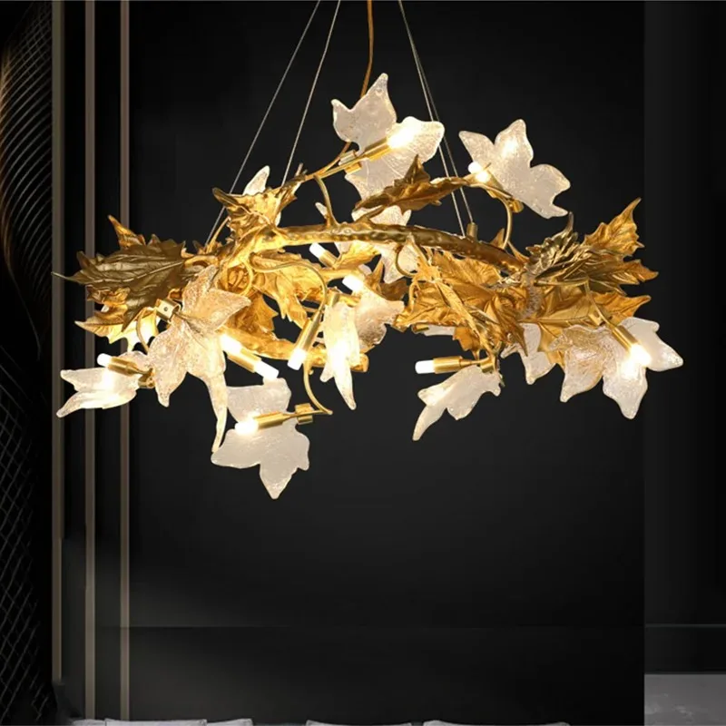 Luxury Copper Tree Branch Chandelier With Maple Leaf Glass Lamp Shade For Living Room Kitchen Table Gold Leaves Pendant Lights