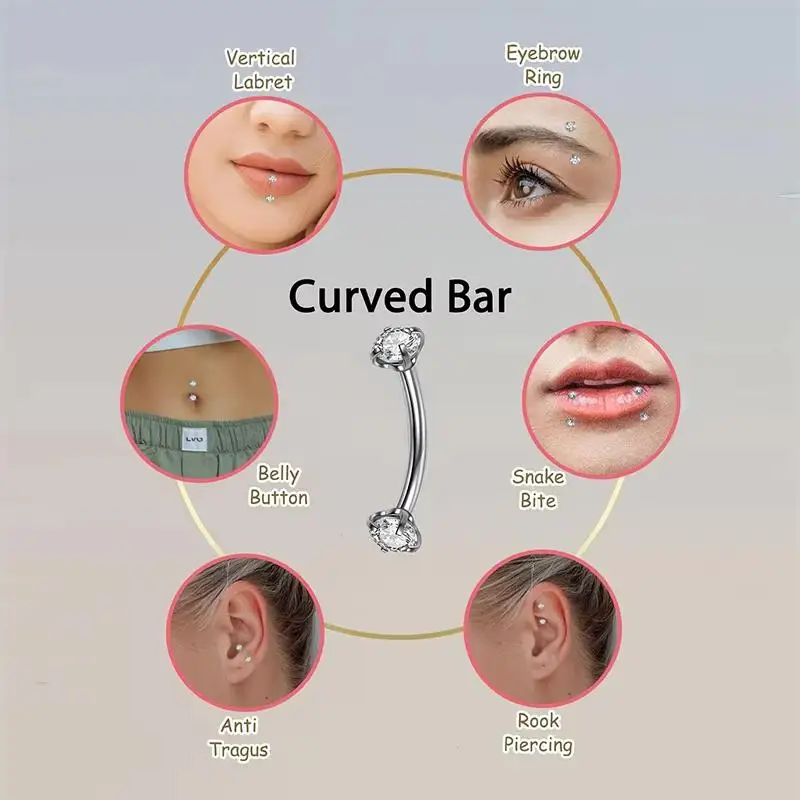 2pcs Stainless Steel Eyebrow Curved Barbell 16G Internally Threaded Cubic Zirconia Lip Navel Belly Button Ring Piercing Jewelry