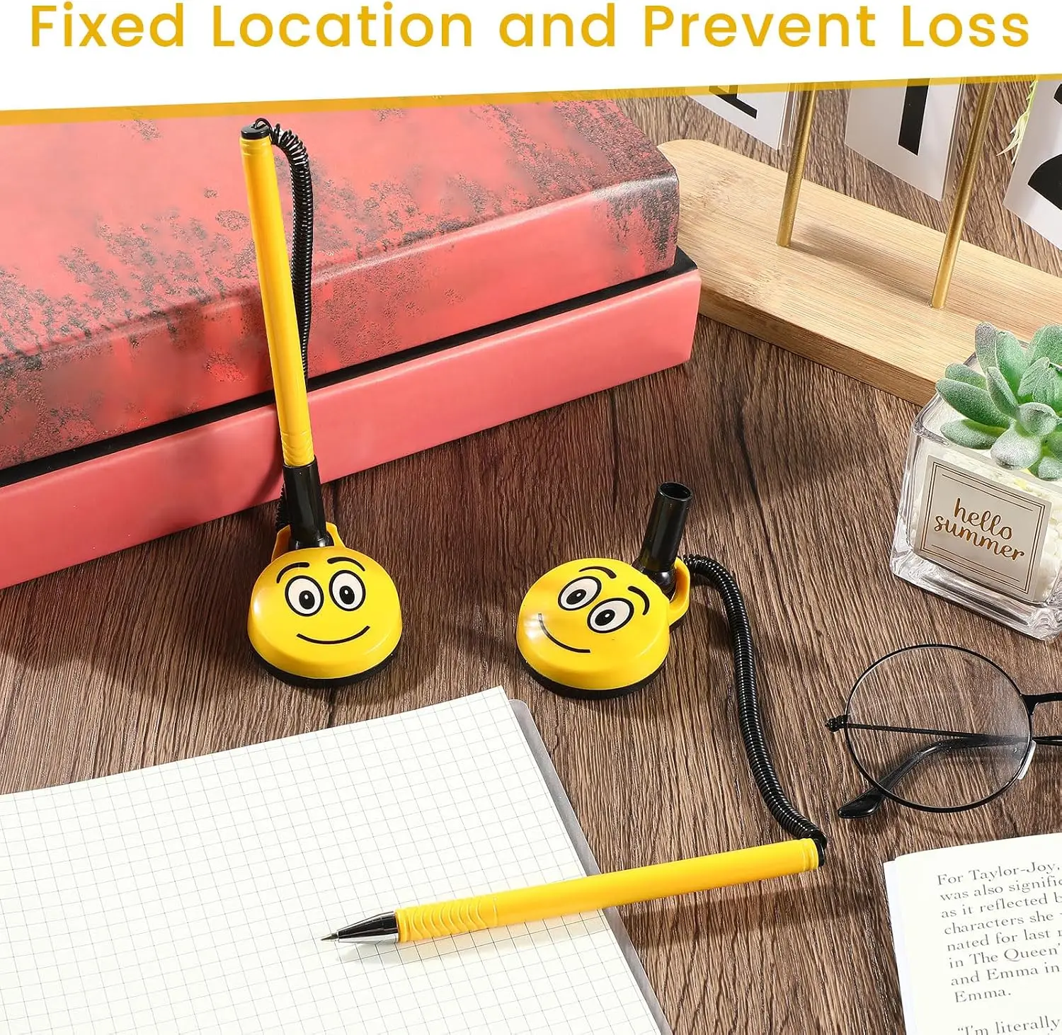 Secure Counter Pens with Plastic Secure Cord Attached to Adhesive Back Base Pen Holder with Smiley Face Design for School Office