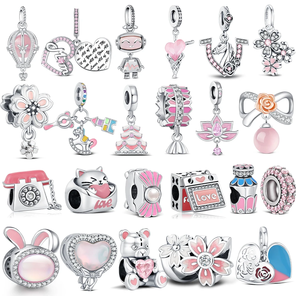 925 Sterling Silver Pink Theme Charms Pendant Fits Original Bracelets DIY Jewelry Love Heart Graduation Trip Gifts For Women