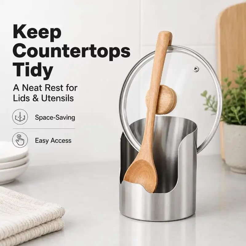 Stainless Steel Pot Lid Holder Spoon Holder Rust-Resistant And Features Compartment Heat-Resistant Easy To Clean