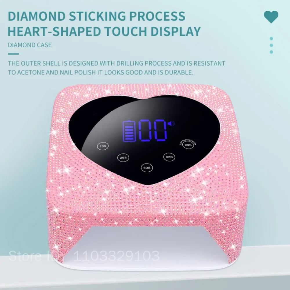 Drahtlose wiederaufladbare Nagel-UV-Lampe, 72 W, Diamant-Strass-Nageltrockner für Maniküre, Herz-Design, Nagellampe mit LCD-Touchscreen