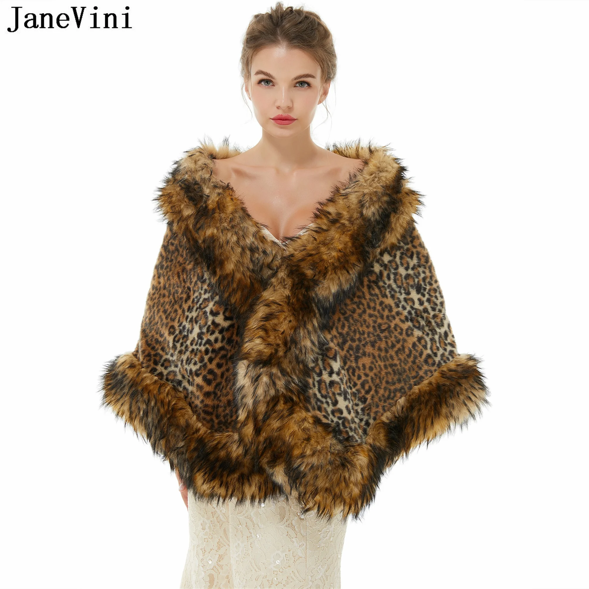 

JaneVini 2023 Winter Leopard Bridal Shawl Shrugs Bolero Femme Faux Fur Wedding Capes Bride Wraps Jacket Bolero Fausse Fourrure