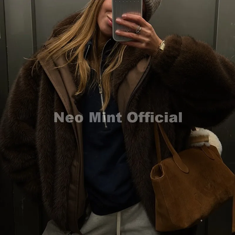 Neo Mint Hot Street Fashion Girls Luxury Fuzzy Mink Fur Bomber Jacket Women Winter Oversized Chunky Faux Fur Coat Warm Outerwear