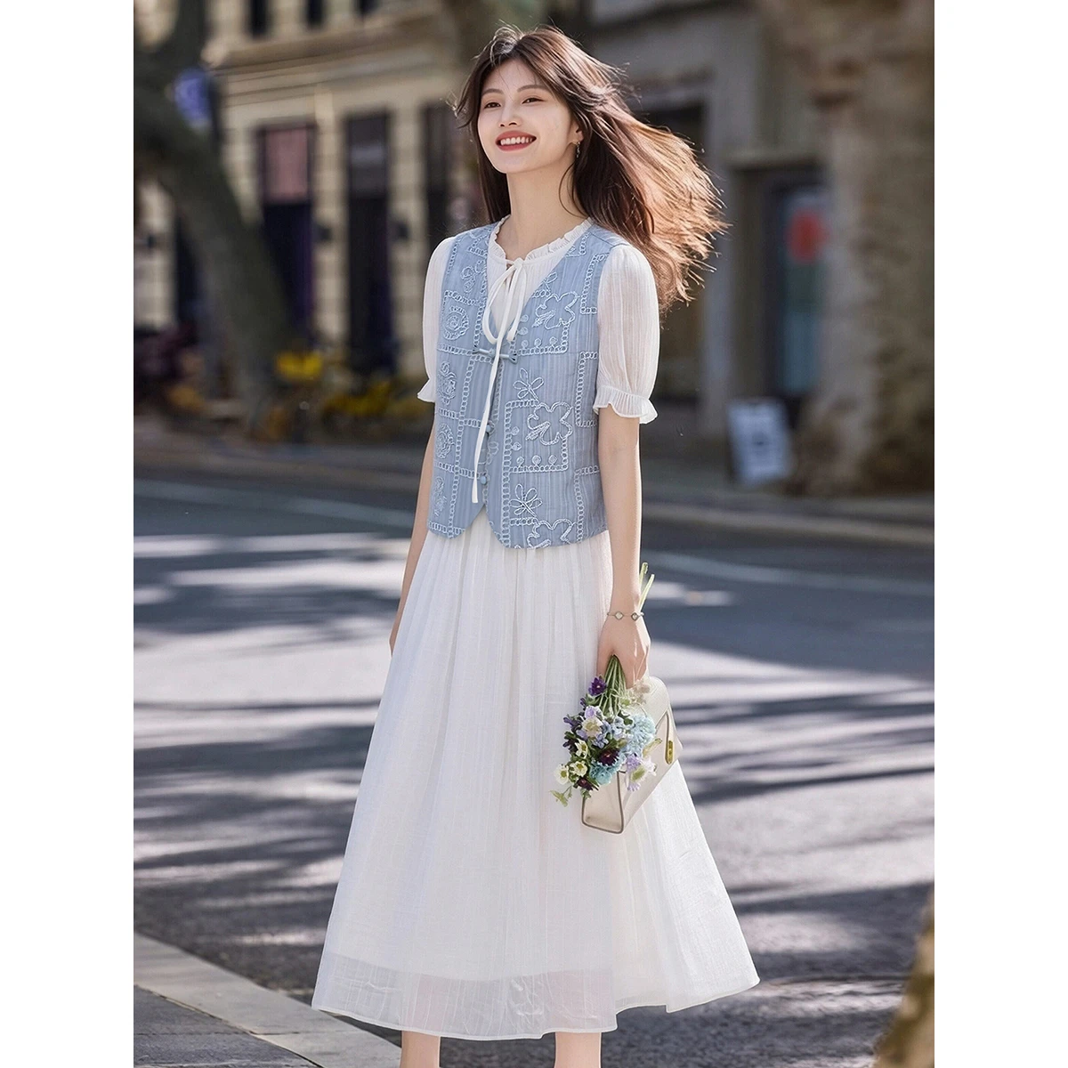 VIMLY ชุดเดรสสีฟ้าขาวสำหรับผู้ - Embroidery White Dress บทวิจารณ์และราคา