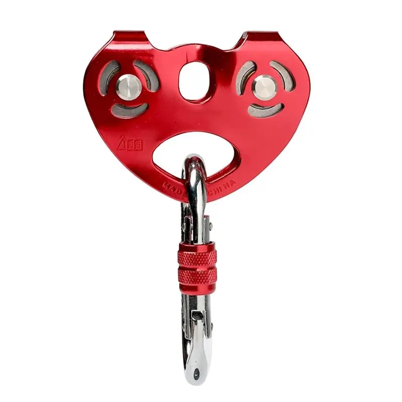 A25F-Zipline Trolley Kit With 25Kn Carabiner- Pulley System Featuring Double Tandem Dual Pulley Speed, Red With Carabiner