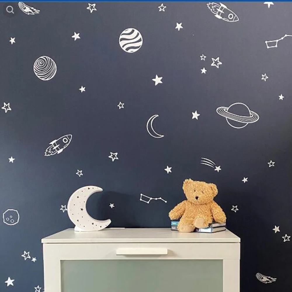 Cartoon Space Stars Planets Rocket Wall Sticker Decal Astronomy Sky Teen Kids Playroom Bedroom Home Decor