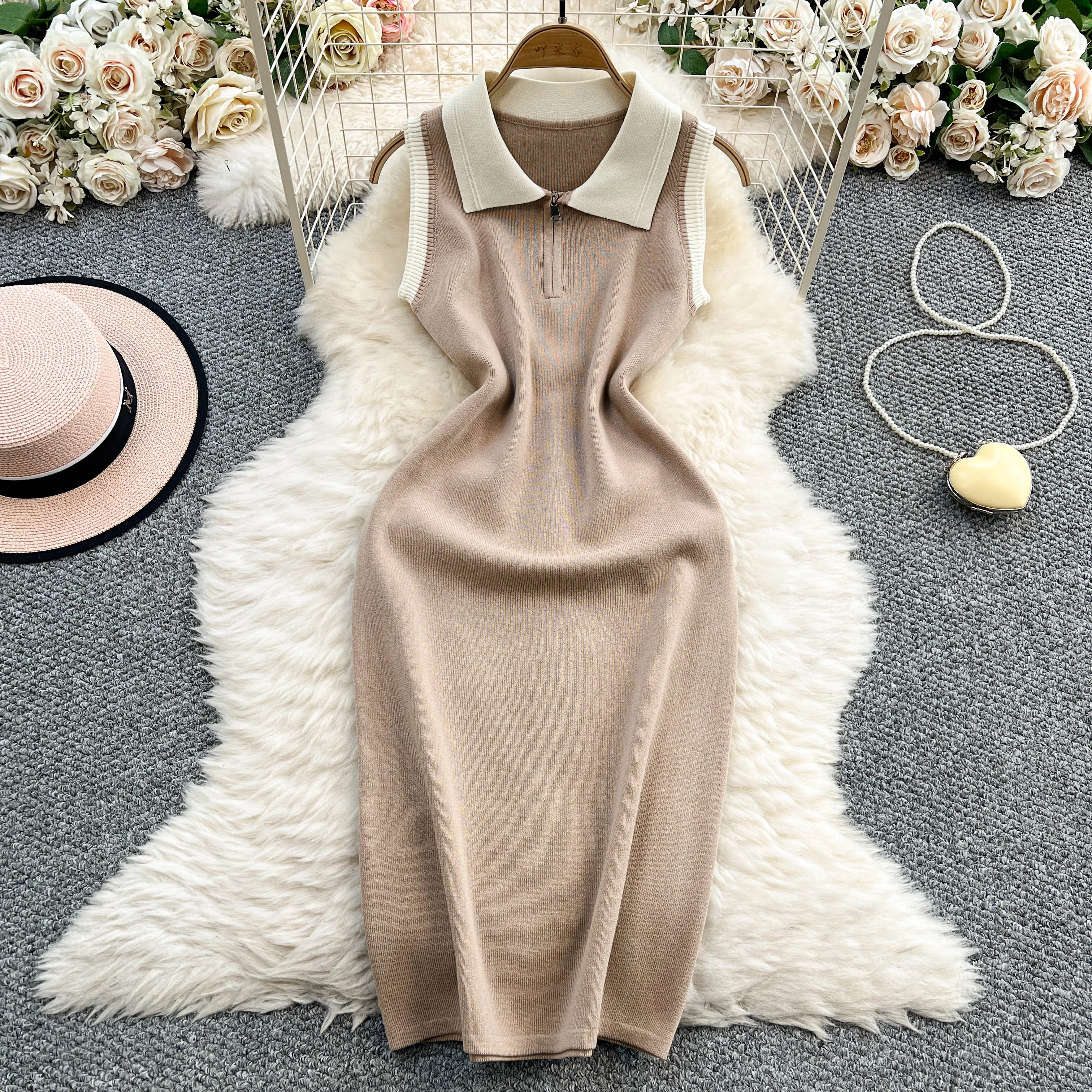 REALEFT Elegante Cerniera Lavorato A Maglia Delle Donne Wrap Abiti 2025 Nuova Estate Senza Maniche Polo Collare Solido Casual Tubino Vestito Dal Carro Armato Femminile