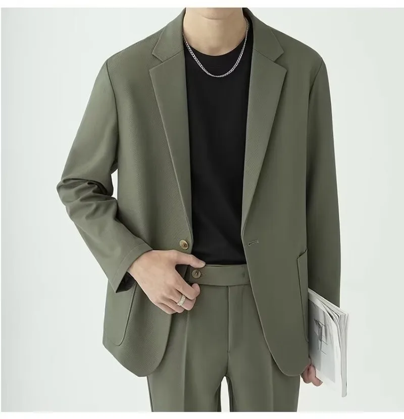 Herren Locker Sitzender Freizeitanzug 2-teiliges Set Hochwertig Fallender Einfarbiger Blazer Gerade Hose Elegantes Business-Büro-Outfit Tägliche Kleidung Formeller Anzug – Detail 8