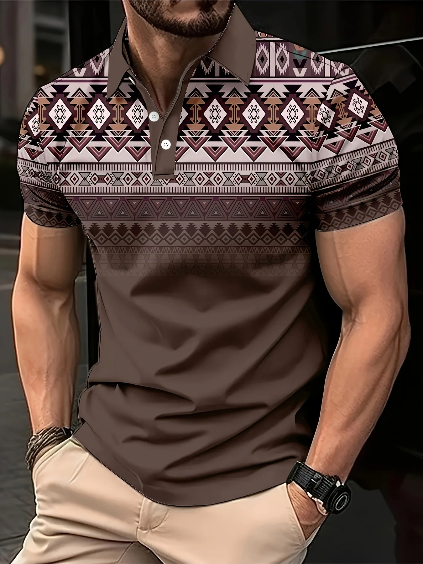 New men's short-sleeve polo shirt T-shirt, loose-fitting and tailored with printed patterns, versatile basic crew-neck top suita