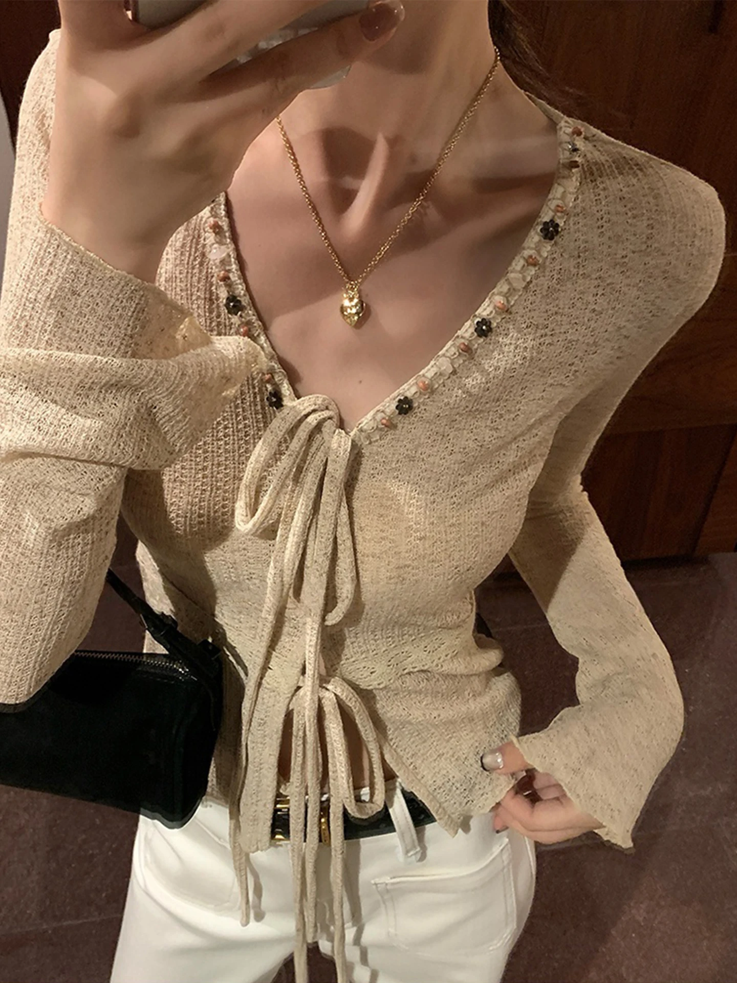 

Женский вязаный кардиган Gentle Breeze, ранняя осень, дизайн Bell Sve, красивая верхняя одежда с v-образным вырезом, украшенная бусинами