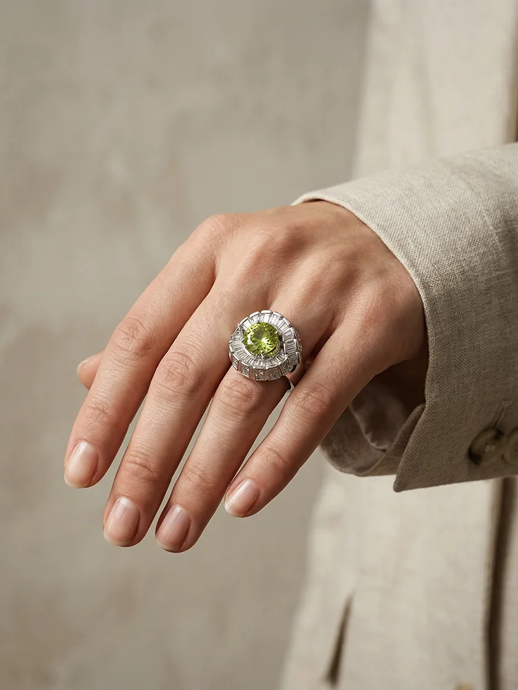 Vintage Halo Green Stone Ring, Tapered Baguette & Round Crystal Bold Fashion Ring