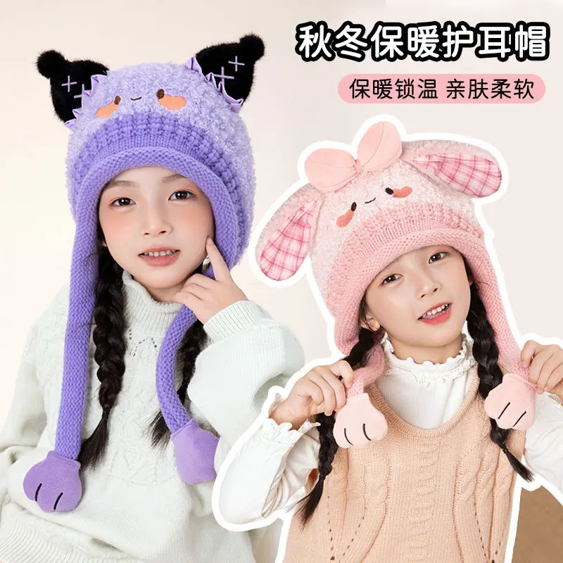 Sanrio Kuromi Woolen Cap Fall and Winter Padded Children's My Melody Warm Ear Protection Anti-cold Hat for Girl Gifts 2-12 Years